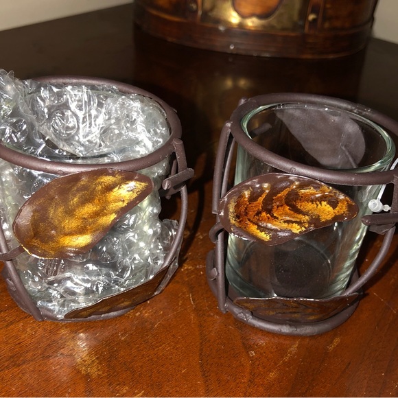 Set of 2 Copper Bronze Antique Metal Leaf Glass Votive Autumn Candle Holders NEW - Picture 2 of 5